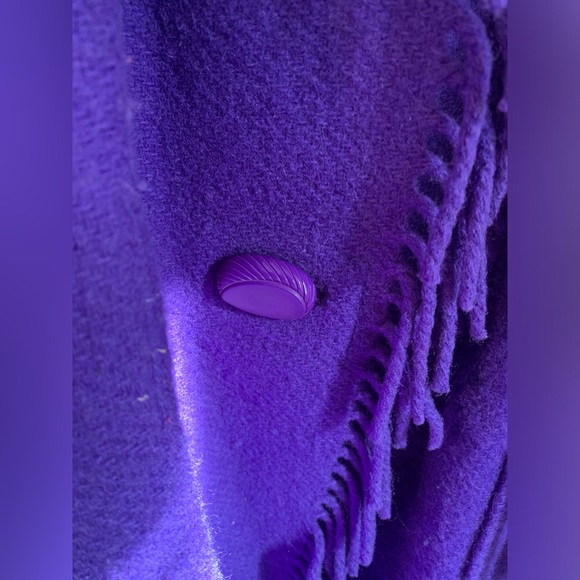 Vintage 80s 90s Gallery 100% Wool Purple Oversized Fringe Blanket Coat M - Picture 11 of 14